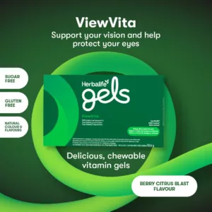 Herbalife Gels ViewVita product image, green set on a green background with a green swirl. 30 chewable vitamin gels