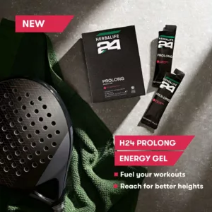 Herbalife24 Prolong Energy Gel Strawberry product image featuring box of gels plus two open gel packets