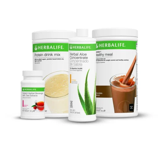 Herbalife Advanced Breakfast Kit contains four core products: Herbalife Formula 1 Healthy Meal Shake, Herbalife Protein Drink Mix, Herbalife Thermogenic Instant Herbal Beverage and Herbalife Aloe Concentrate