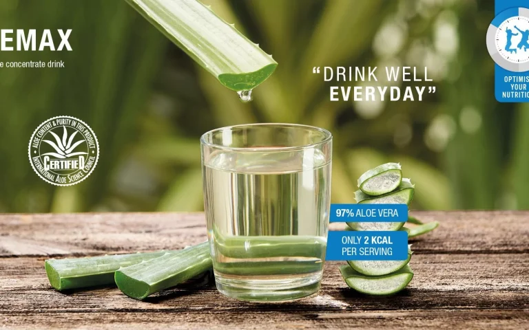 Photo showing a glass of fresh Herbal Aloe Vera Juice mixed with water featuring a product title "AloeMax" stating "97% Aloe Vera Juice" and that Herbalife AloeMax has "only 2kcal per serving" making it an ideal drink to support a healthy diet and weight management. The image also features the "Certified by Aloe Science Council", proving its highest quality aloe content.