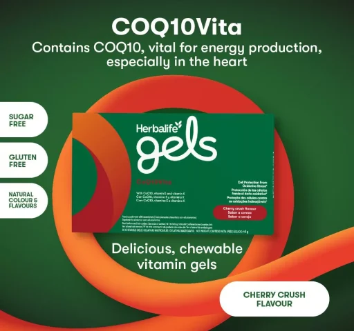 Herbalife Coq10Vita product display image includin three action points: Sugar free, Gluten Free and Natural Colours and Flavours. The box of chewable gels is set on a background including an orange swirl with a title and subtitle.