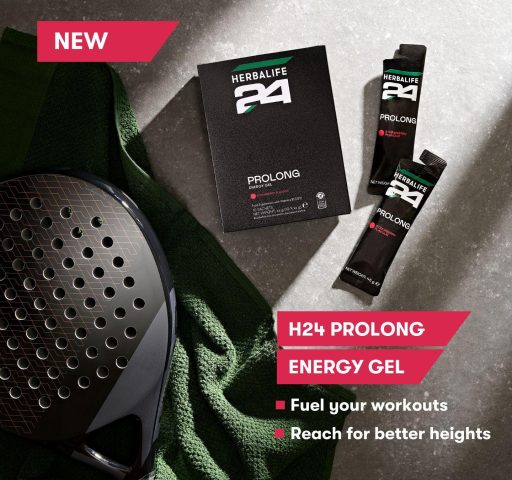 Herbalife24 Prolong Energy Gel Strawberry product image featuring box of gels plus two open gel packets