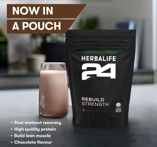 Herbalife24 Rebuild Strength product image showing glass of made product next to bag of product, designed for athletes post-workout recovery.
